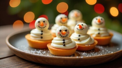Naklejka premium Cute snowman cupcakes with white frosting and chocolate details, sitting on a wooden plate with a blurred Christmas lights background.