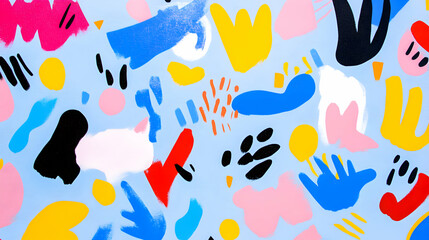 Fototapeta premium An abstract birthday background with bold, asymmetrical shapes in bright colors scattered across a light blue canvas, giving a dynamic and fun look
