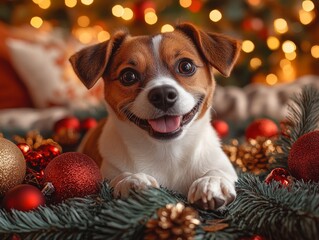 Cute dog in 2024 themed decorations, showcasing a festive atmosphere and emphasizing the bond between pets and owners, perfect for social media, greeting cards, and calendars