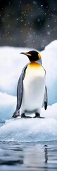 Fototapeta premium Emperor penguin standing on iceberg in snowy Antarctic landscape