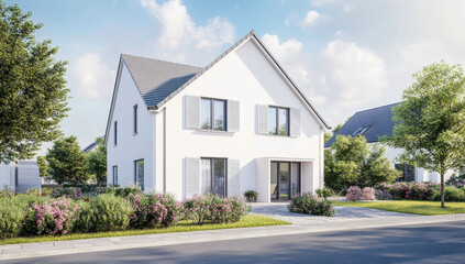 Obraz premium Modern home with roller shutters amidst lush greenery