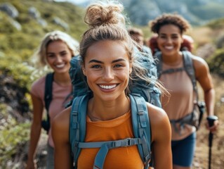 Fototapeta premium Smiling woman with backpacks walking up a trail with other women