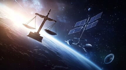 Space law lays down the principles that govern the space activities of states, scale of justice, 16:9