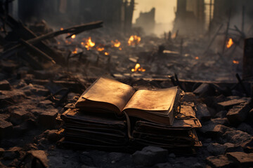 Destroyed book on the floor of the ruined city because of war. War destruction concept. AI generated