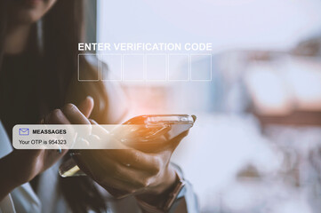 OTP verification code, temporary secure, PIN-code from mobile phone SMS, One Time Password, Personal online cyberspace security privacy protection data, Internet network security.
