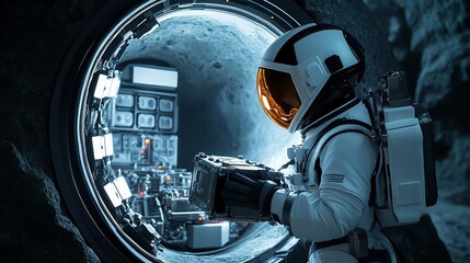 Robot explorer discovering a hidden alien base inside a massive asteroid