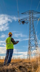 Technician Using Drone to Inspect Power Lines