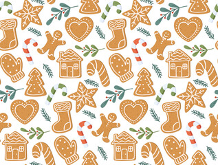 Seamless pattern with gingerbread cookies, candies and green branches. Vector Christmas background	