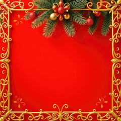 Christmas frame, christmas background with fir branches and balls, Festive Christmas Frame with Pine Branches and Baubles on Red Background