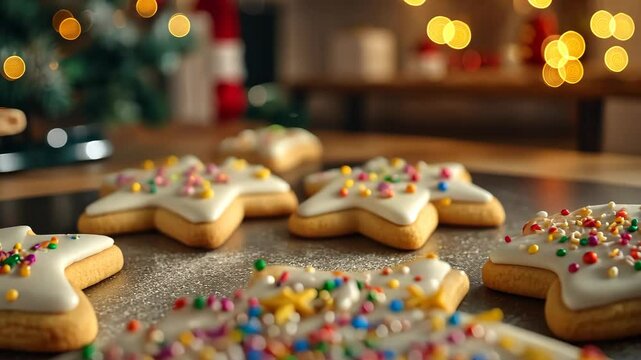 Decorating holiday cookies with colorful icing and sprinkles, with a festive kitchen setup in the background. . Video