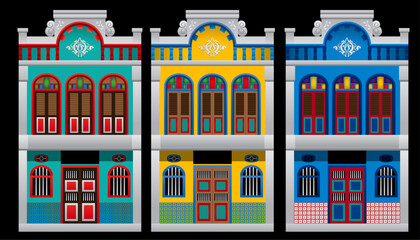 Historical and colorful double story shop houses. Vector. Isolated with black color background.