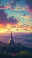 Obraz premium Serene Temple at Sunrise in Tranquil Landscape