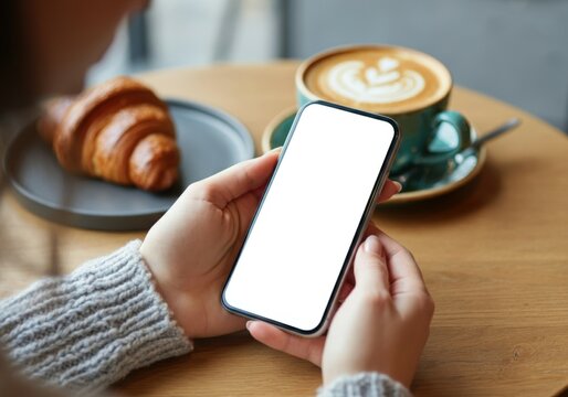 Woman is holding smartphone with blank screen over table with croissant and cappuccino in cafe