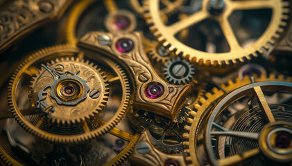 Intricate golden gears intertwining with ruby accents in an antique clock assembly