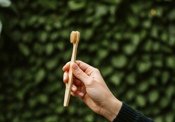 Young woman is holding a bamboo toothbrush over a blurred green background