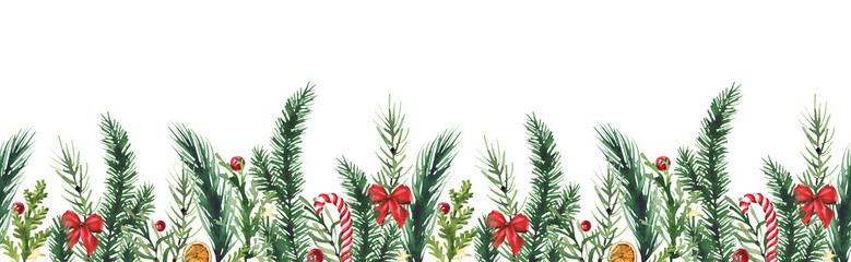 Watercolor Christmas green fir tree branches seamless border frame with red ball, bow, candy cane and flower. Evergreen twigs. New Year hand drawn illustration. Watercolour artistic template design.