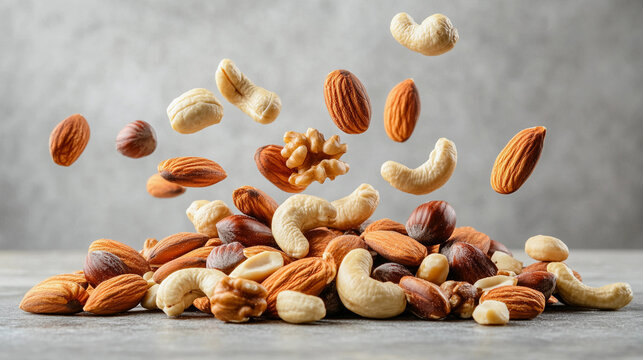 A vibrant assortment of nuts and seeds in mid-air captured during a lively culinary preparation session in a cozy kitchen