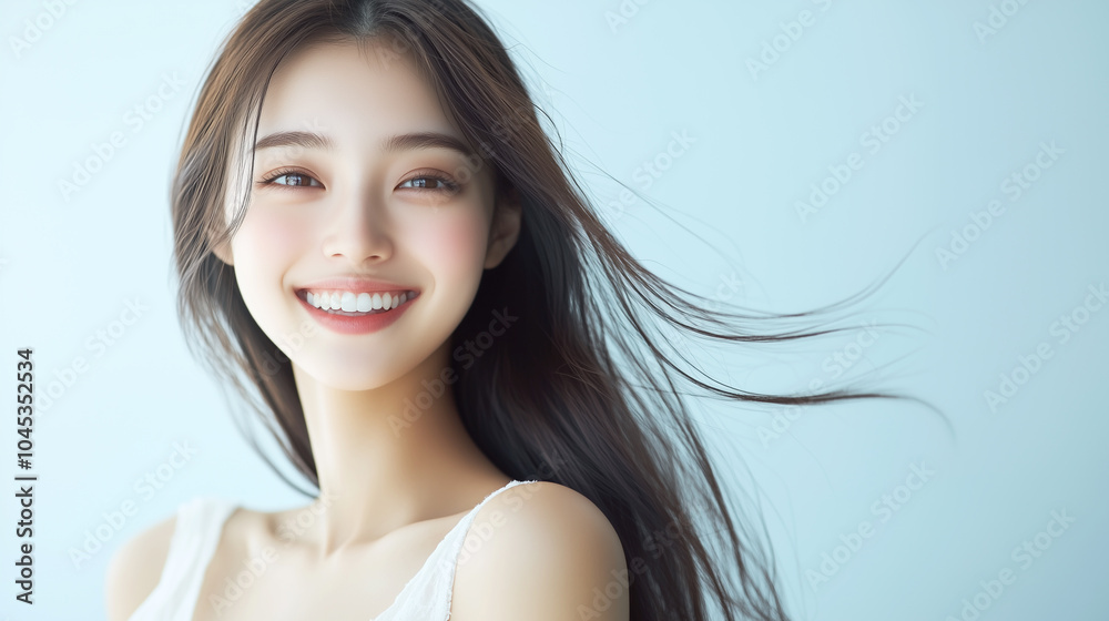Poster 笑顔のかわいいアジア人女性モデル。美しい髪が靡き、美しい肌が輝く美容ポートレート。
