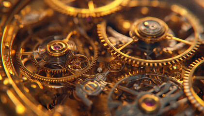 Intricate golden mechanisms of a vintage watch in a close-up view revealing craftsmanship
