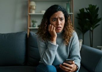 Young woman is holding her smartphone and feeling stressed while sitting on a sofa at home