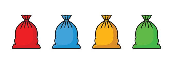 A set of tied agricultural or garbage bags of different colors on a white background.