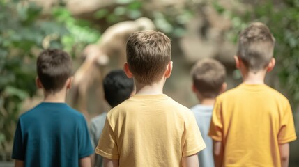 Obraz premium Curious children observing wildlife at the zoo, captured from behind, highlighting their fascination with nature.