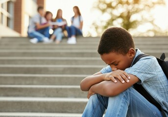 Elementary age boy is sitting alone on the stairs outside school feeling sad and excluded