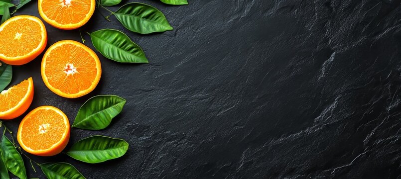 Fresh orange slices and green leaves arranged on a black slate background, copy space.