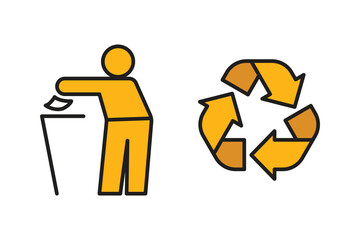An icon of a person throwing away garbage next to a yellow recycling symbol in the form of arrows.