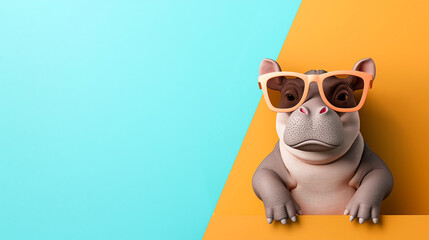 Fototapeta premium playful baby hippo wearing oversized sunglasses adds fun and quirky touch to any design. This charming character is perfect for projects that need lighthearted vibe