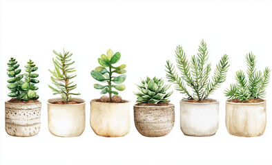 Obraz premium Watercolor house plants in pots clip art set, white background