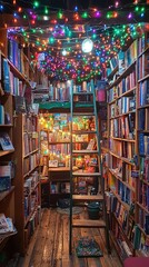Naklejka premium Whimsical Bookshop with Fairy Lights Adorning Shelves