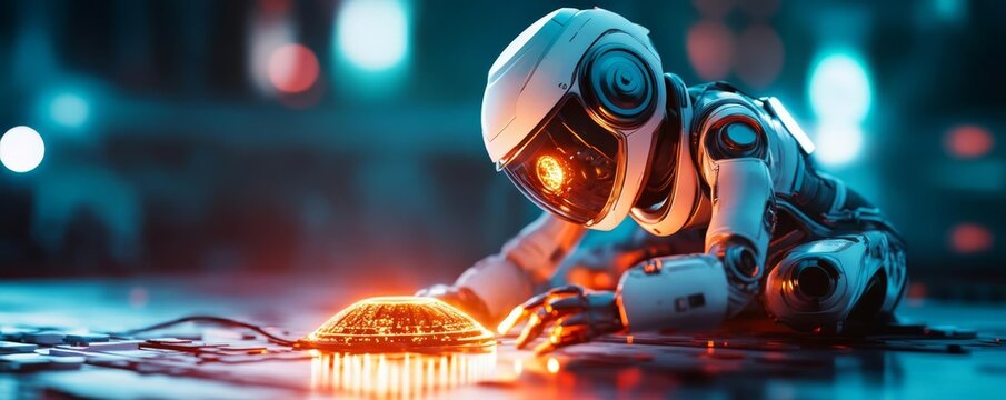 Robot explorer uncovering a mysterious alien artifact glowing with energy