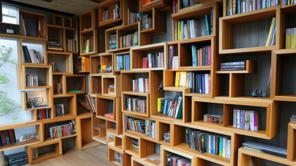Wooden Bookshelves in a Library