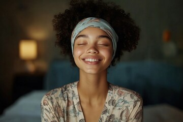 Young woman is smiling with her eyes closed in her bedroom