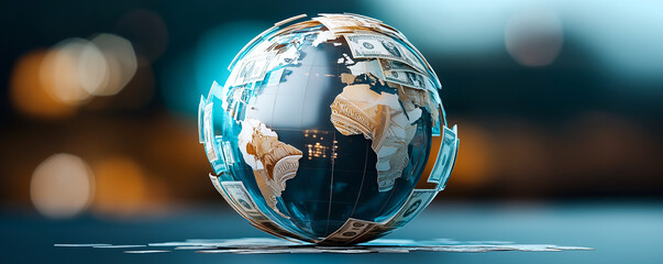 Globe made of money symbolizing global finance, showcasing interconnectedness of economies and flow of currency around world