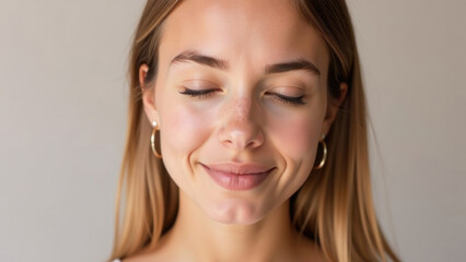 Naklejka premium A beautiful woman with long blonde hair smiles with her eyes closed against a light gray background. 