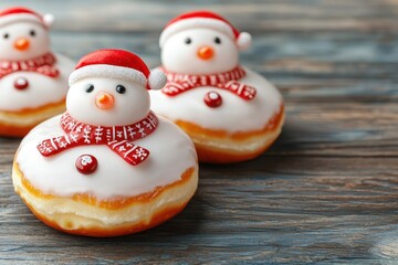 Fototapeta premium Festive snowman and donuts for Christmas concept. Festively decorated donuts resembling snowmen complete with red scarves and hats resting on a rustic wooden surface
