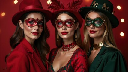 Group of beautiful women in elegant refined outfits and masks at Christmas carnival. Concept of festive mood and Christmas atmosphere
