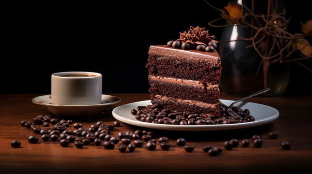 cake with chocolate cream and a cup of coffe