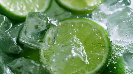 Refreshing mojito with vibrant lime wedges and crystal-clear ice cubes, served in a chilled glass, perfect for a hot summer day or a relaxing evening.