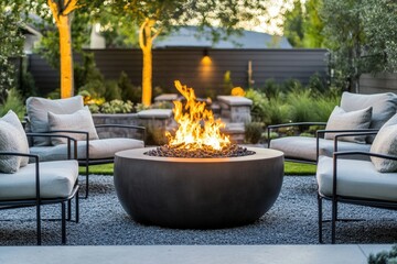 Flames burning in a modern round fire pit on a backyard patio at dusk