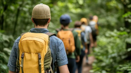 Group of hikers exploring lush forest trails, showcasing adventure and connection with nature in outdoor scenery.