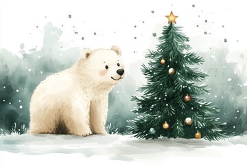 Cute polar bear with a Christmas tree in a snowy scene