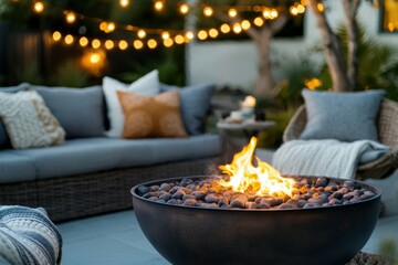 Fire pit burning brightly illuminating an outdoor patio with string lights glowing softly in the background