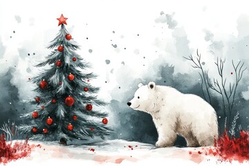 Polar bear admiring a decorated Christmas tree in the snow