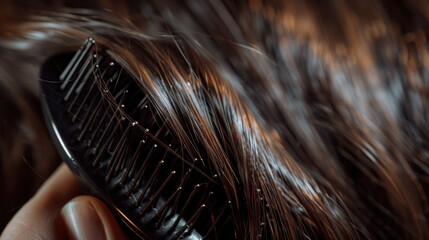 Close-up of hair being detangled smoothly by a sleek, modern hairbrush with soft bristles