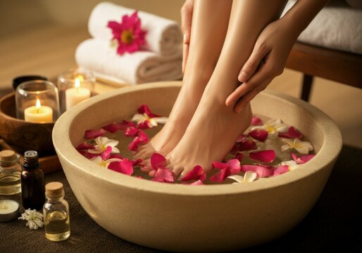 Woman is enjoying a foot bath with flower petals as part of a spa treatment