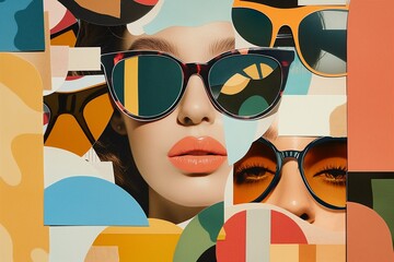 A vibrant fashion editorial showcasing luxury eyewear with stylish sunglasses set against a backdrop of colorful, abstract shapes and textures