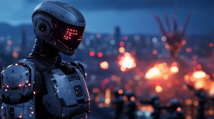 Fototapeta premium Robot soldiers defending a futuristic city from an alien invasion, explosions lighting the night sky